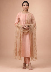 Women Peach Embroidered A-Line Ethnic Suit Set