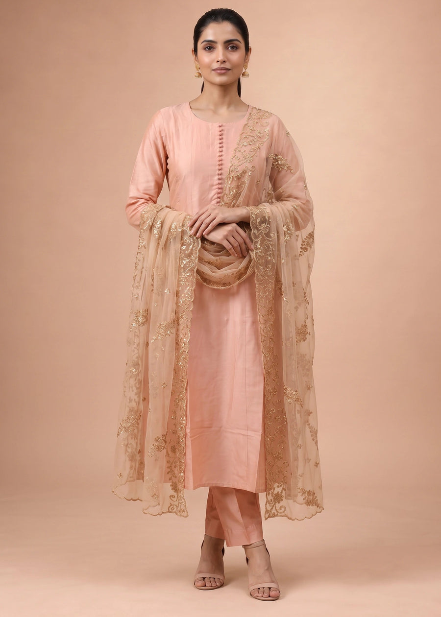 Women Peach Embroidered A-Line Ethnic Suit Set