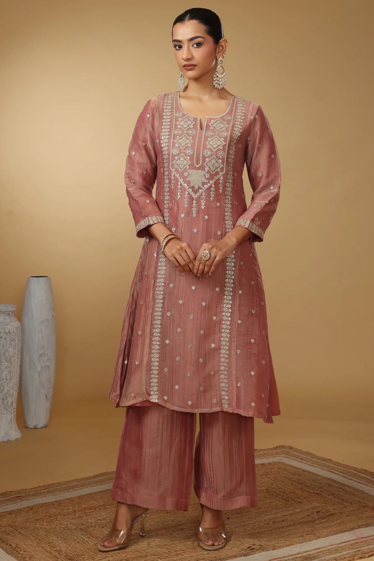 Women Peach Embroidered Straight Fit Ethnic Suit Set