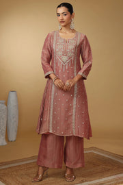 Women Peach Embroidered Straight Fit Ethnic Suit Set