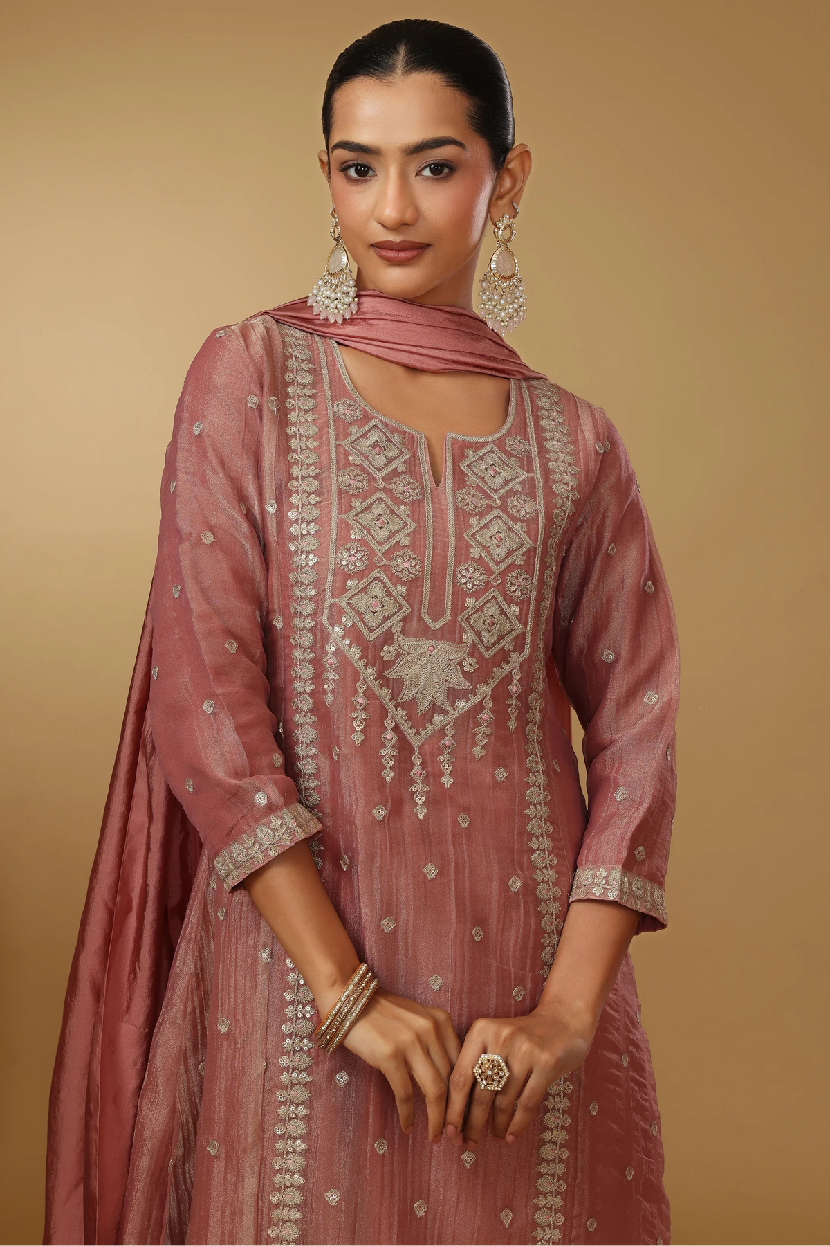 Women Peach Embroidered Straight Fit Ethnic Suit Set