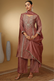 Women Peach Embroidered Straight Fit Ethnic Suit Set
