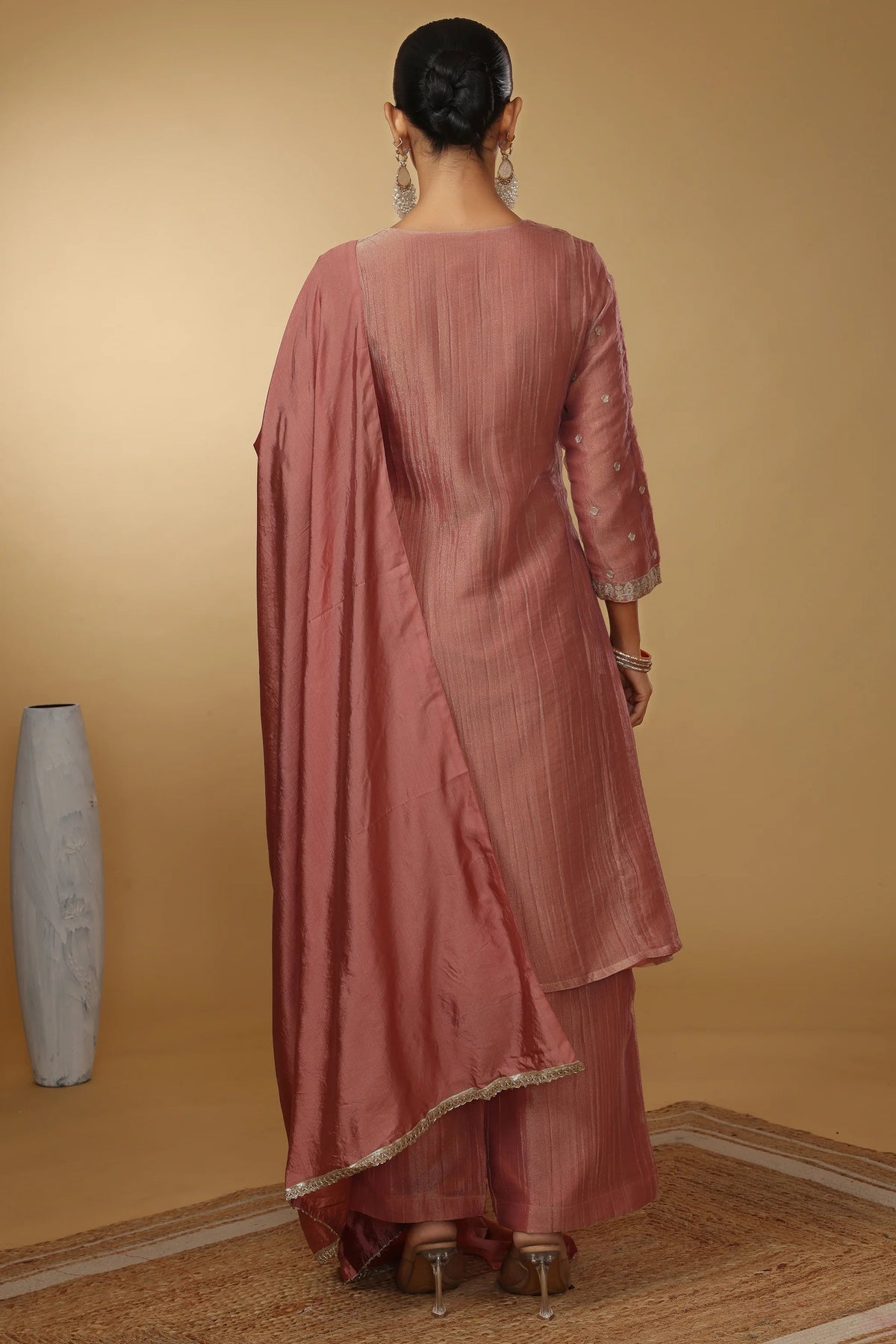 Women Peach Embroidered Straight Fit Ethnic Suit Set