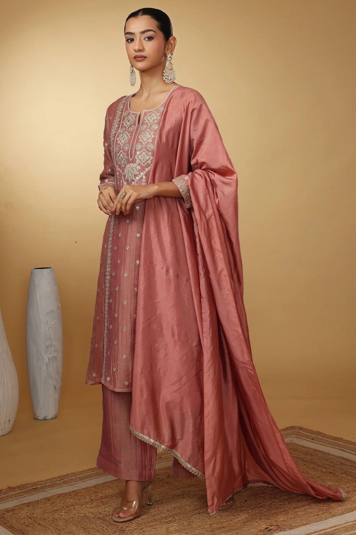 Women Peach Embroidered Straight Fit Ethnic Suit Set
