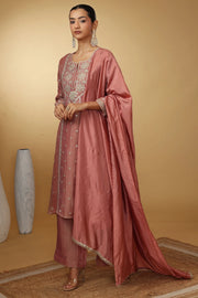 Women Peach Embroidered Straight Fit Ethnic Suit Set