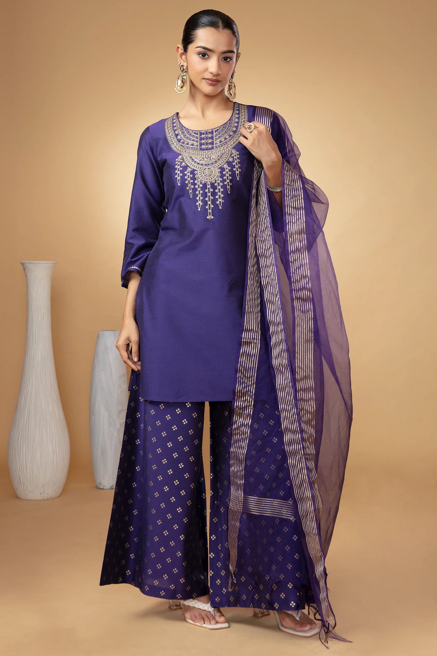 Women Purple Embroidered A-Line Ethnic Suit Set