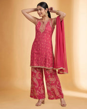Women Rani Pink Embroidered Straight Fit Ethnic Suit Set