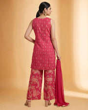 Women Rani Pink Embroidered Straight Fit Ethnic Suit Set