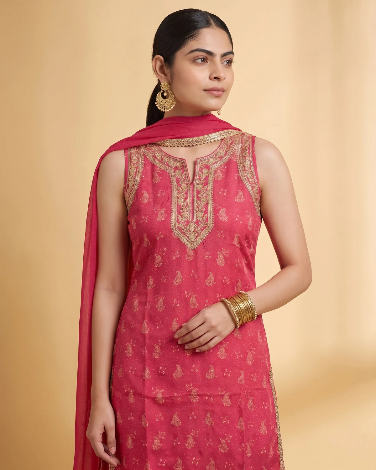 Women Rani Pink Embroidered Straight Fit Ethnic Suit Set