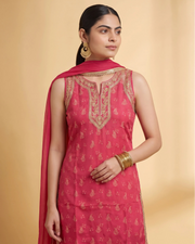 Women Rani Pink Embroidered Straight Fit Ethnic Suit Set