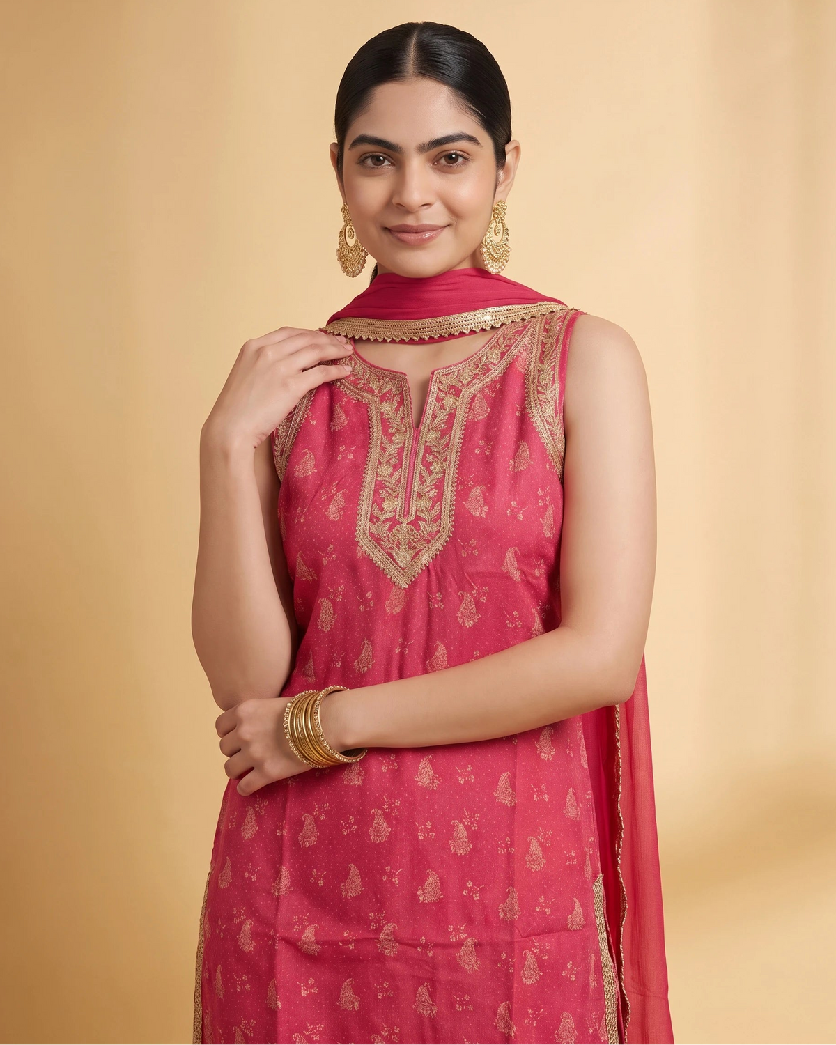 Women Rani Pink Embroidered Straight Fit Ethnic Suit Set