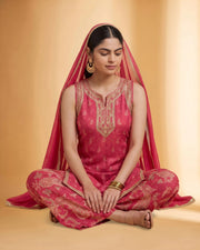 Women Rani Pink Embroidered Straight Fit Ethnic Suit Set