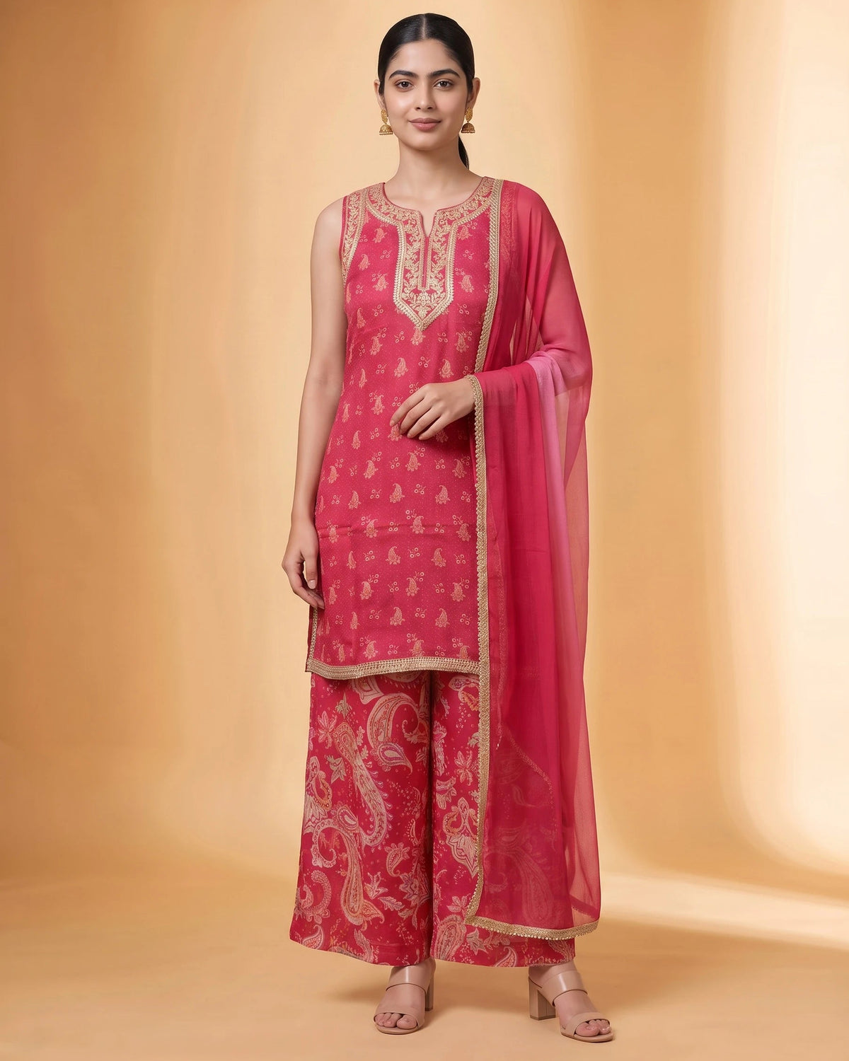 Women Rani Pink Embroidered Straight Fit Ethnic Suit Set