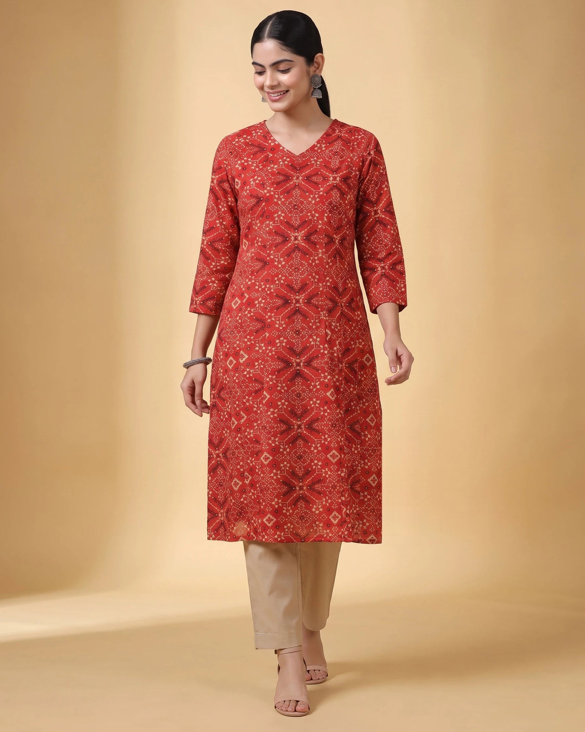 Women Red Printed Cotton Flared Kurta