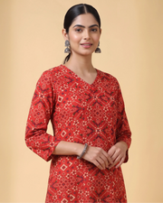 Women Red Printed Cotton Flared Kurta