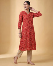 Women Red Printed Cotton Flared Kurta