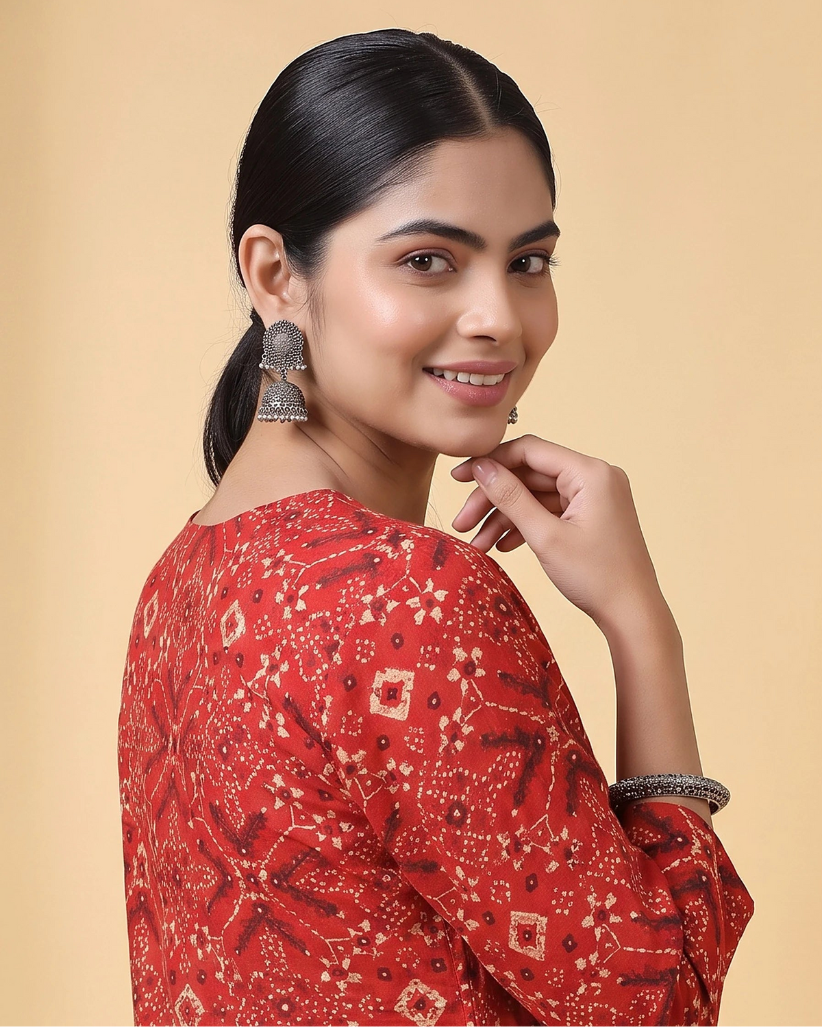 Women Red Printed Cotton Flared Kurta