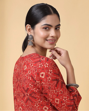 Women Red Printed Cotton Flared Kurta