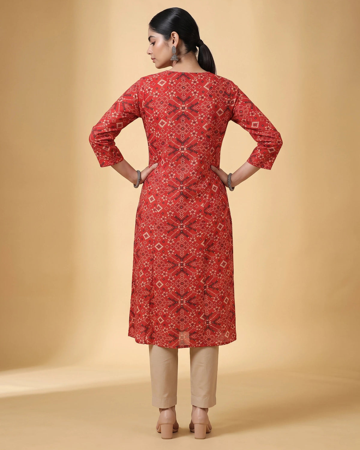 Women Red Printed Cotton Flared Kurta