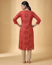 Women Red Printed Cotton Flared Kurta