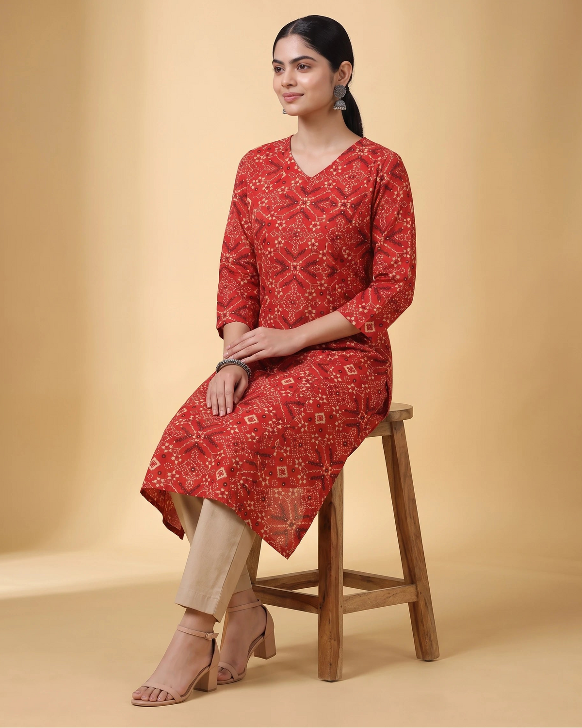 Women Red Printed Cotton Flared Kurta