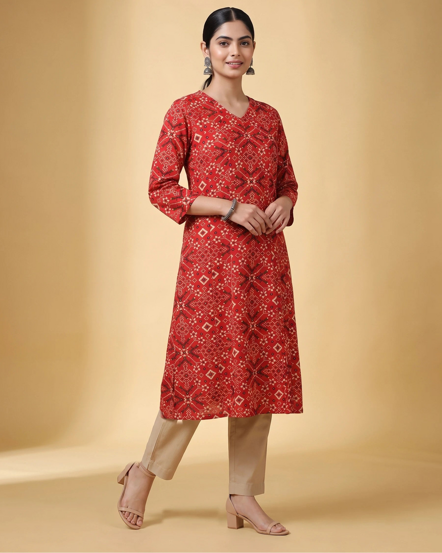 Women Red Printed Cotton Flared Kurta
