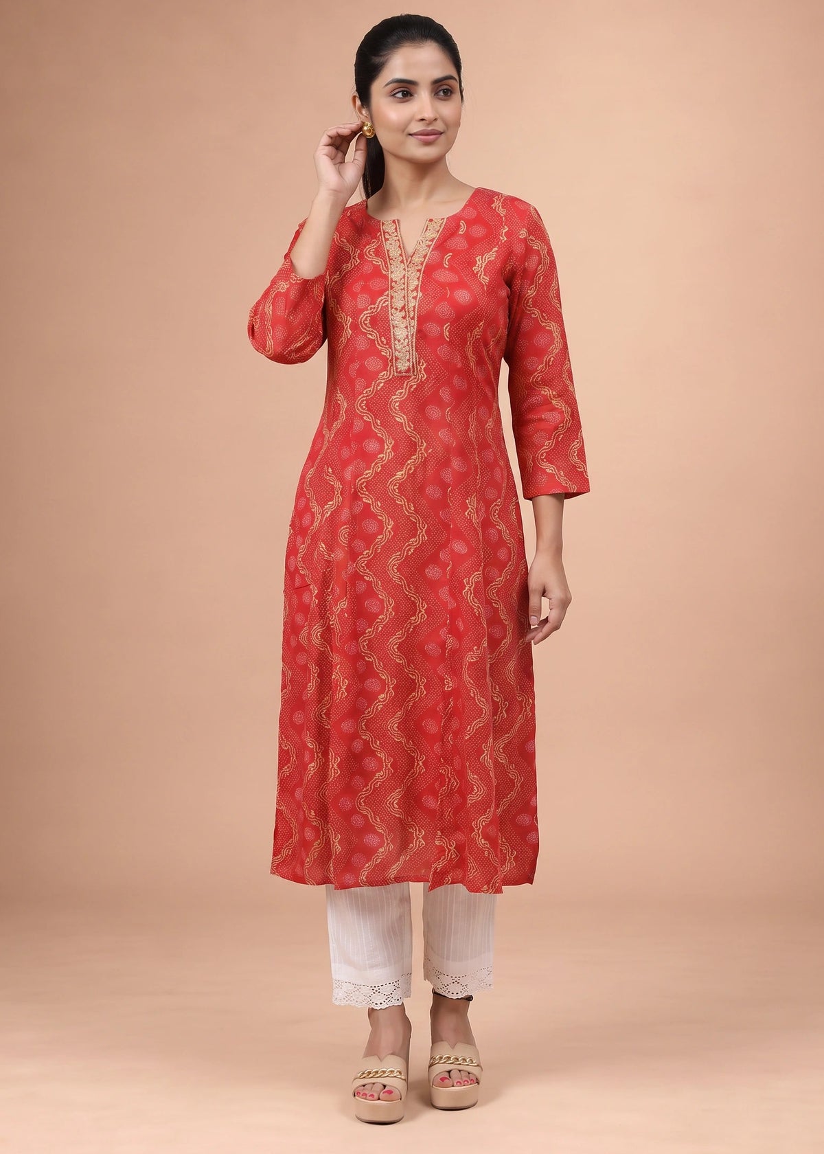 Women Red Rayon Embroidered A-Line Kurta