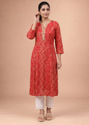 Women Red Rayon Embroidered A-Line Kurta