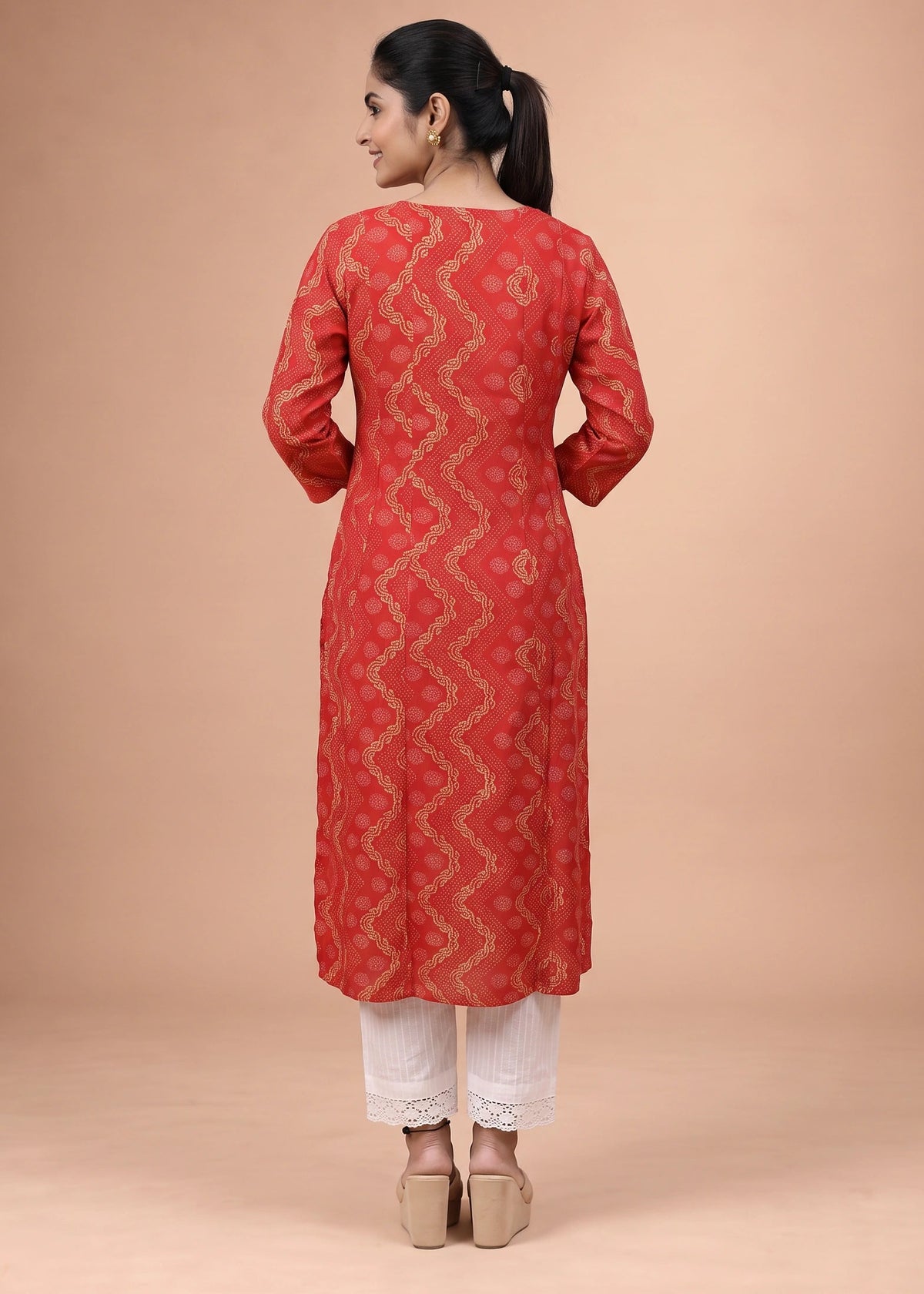 Women Red Rayon Embroidered A-Line Kurta