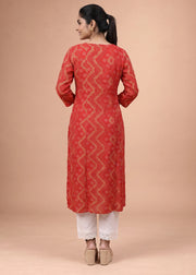 Women Red Rayon Embroidered A-Line Kurta
