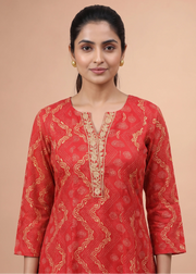 Women Red Rayon Embroidered A-Line Kurta