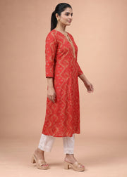 Women Red Rayon Embroidered A-Line Kurta