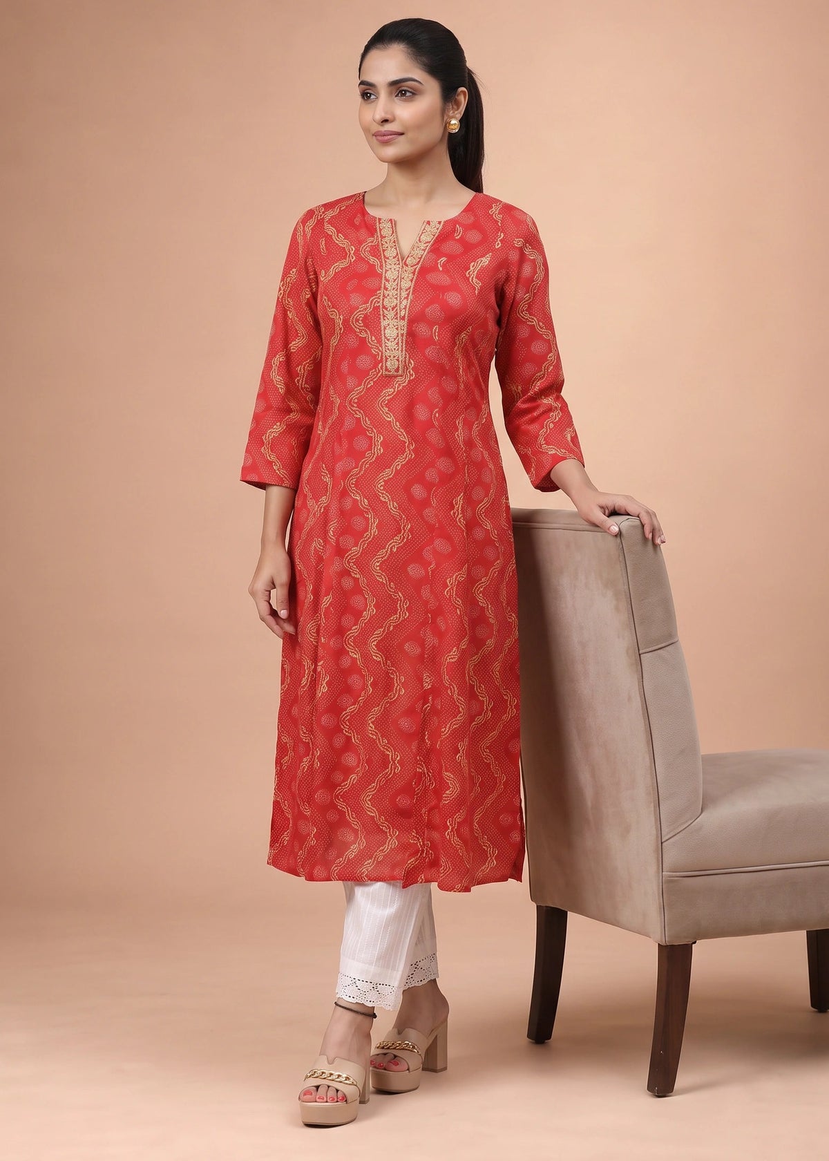 Women Red Rayon Embroidered A-Line Kurta