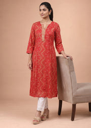 Women Red Rayon Embroidered A-Line Kurta