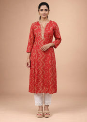 Women Red Rayon Embroidered A-Line Kurta