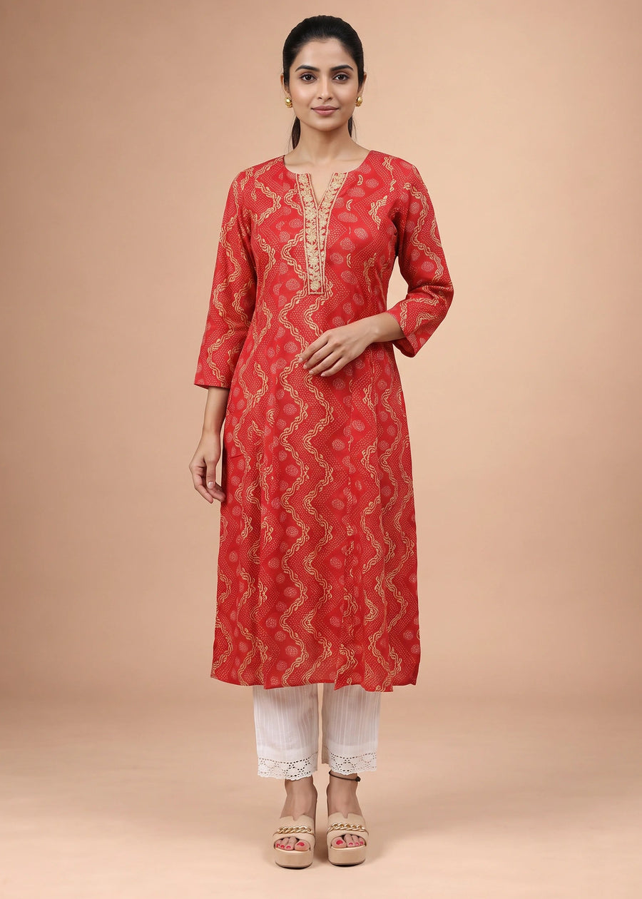 Women Red Rayon Embroidered A-Line Kurta