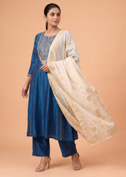 Women Royal Blue Embroidered Straight Ethnic Suit Set