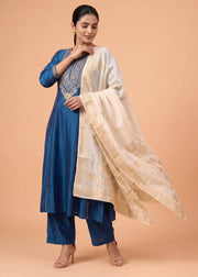 Women Royal Blue Embroidered Straight Ethnic Suit Set