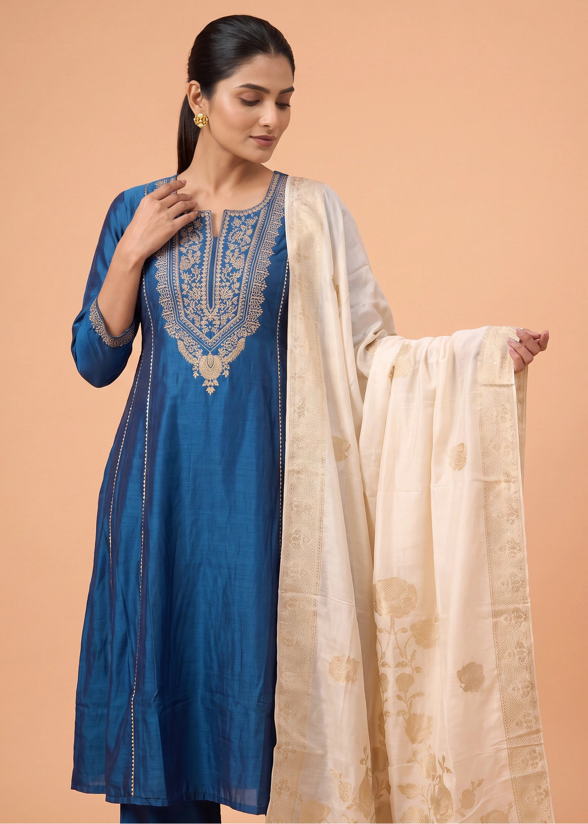 Women Royal Blue Embroidered Straight Ethnic Suit Set