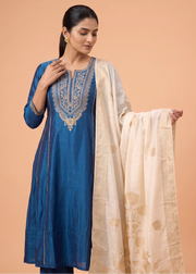 Women Royal Blue Embroidered Straight Ethnic Suit Set