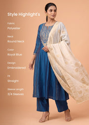 Women Royal Blue Embroidered Straight Ethnic Suit Set