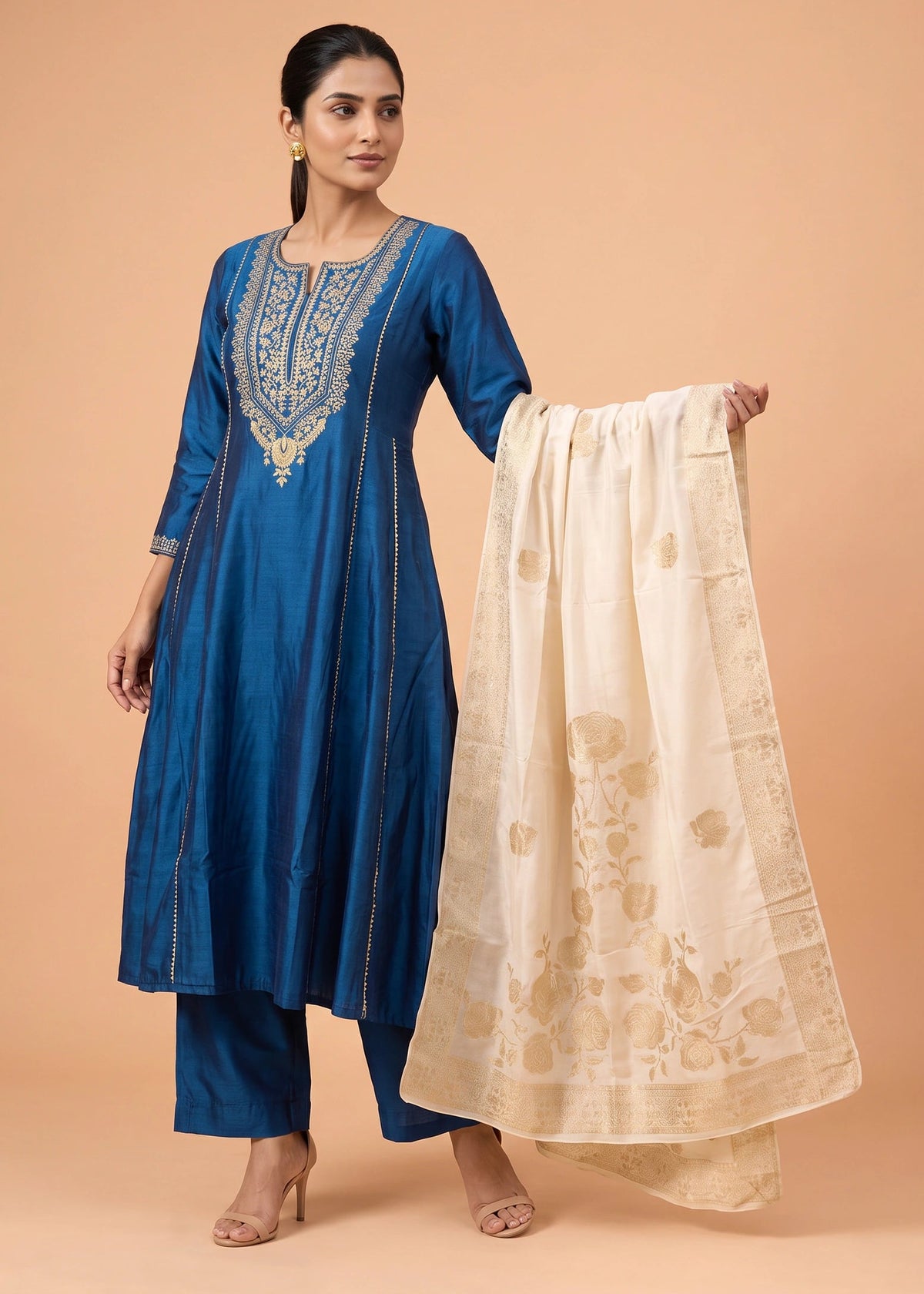 Women Royal Blue Embroidered Straight Ethnic Suit Set