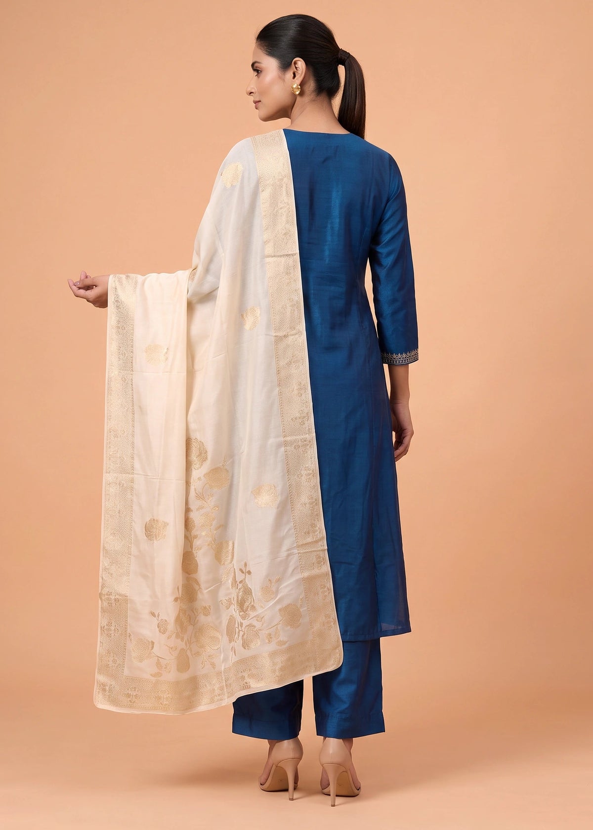 Women Royal Blue Embroidered Polyester Straight Kurta Set