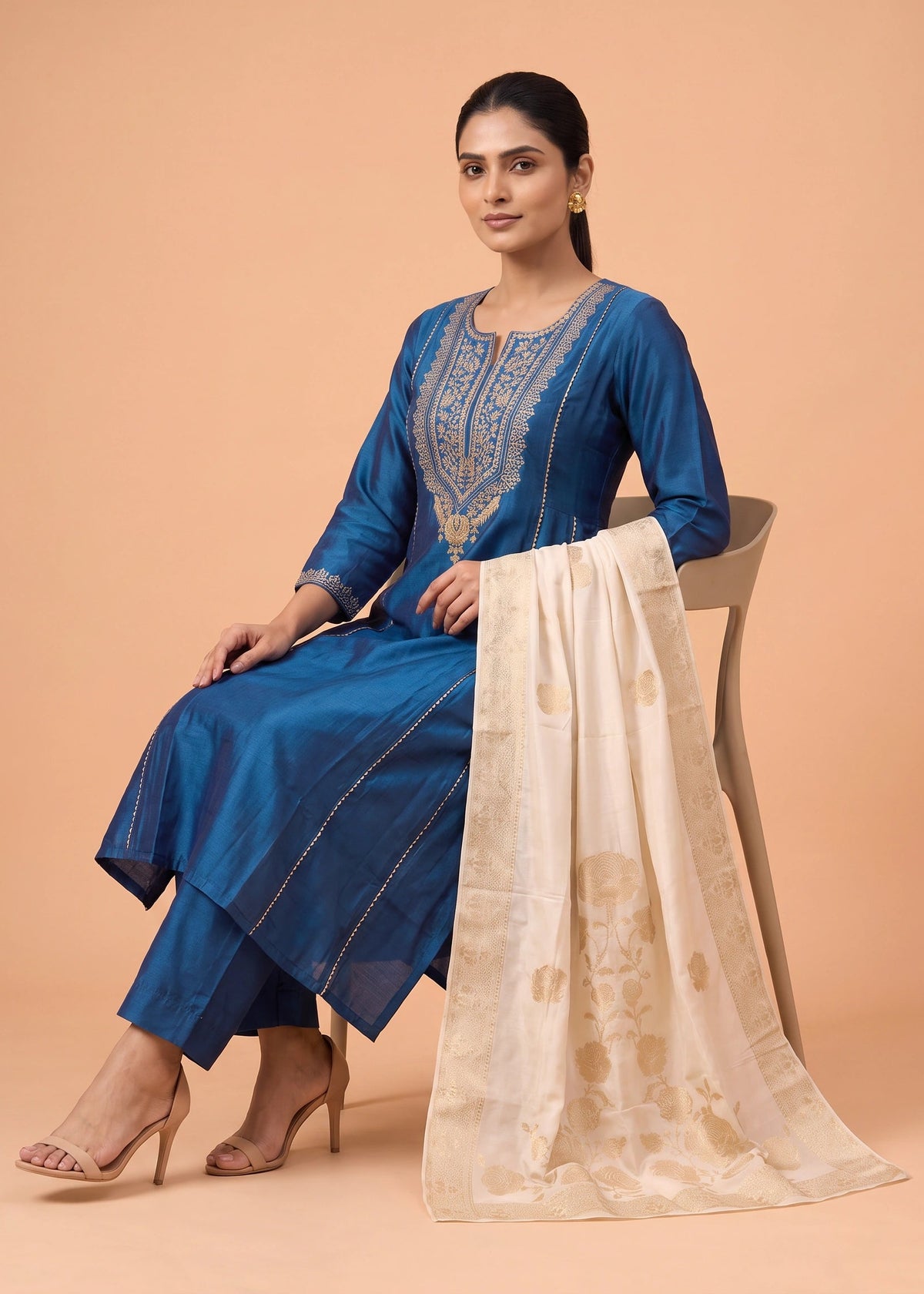 Women Royal Blue Embroidered Polyester Straight Kurta Set
