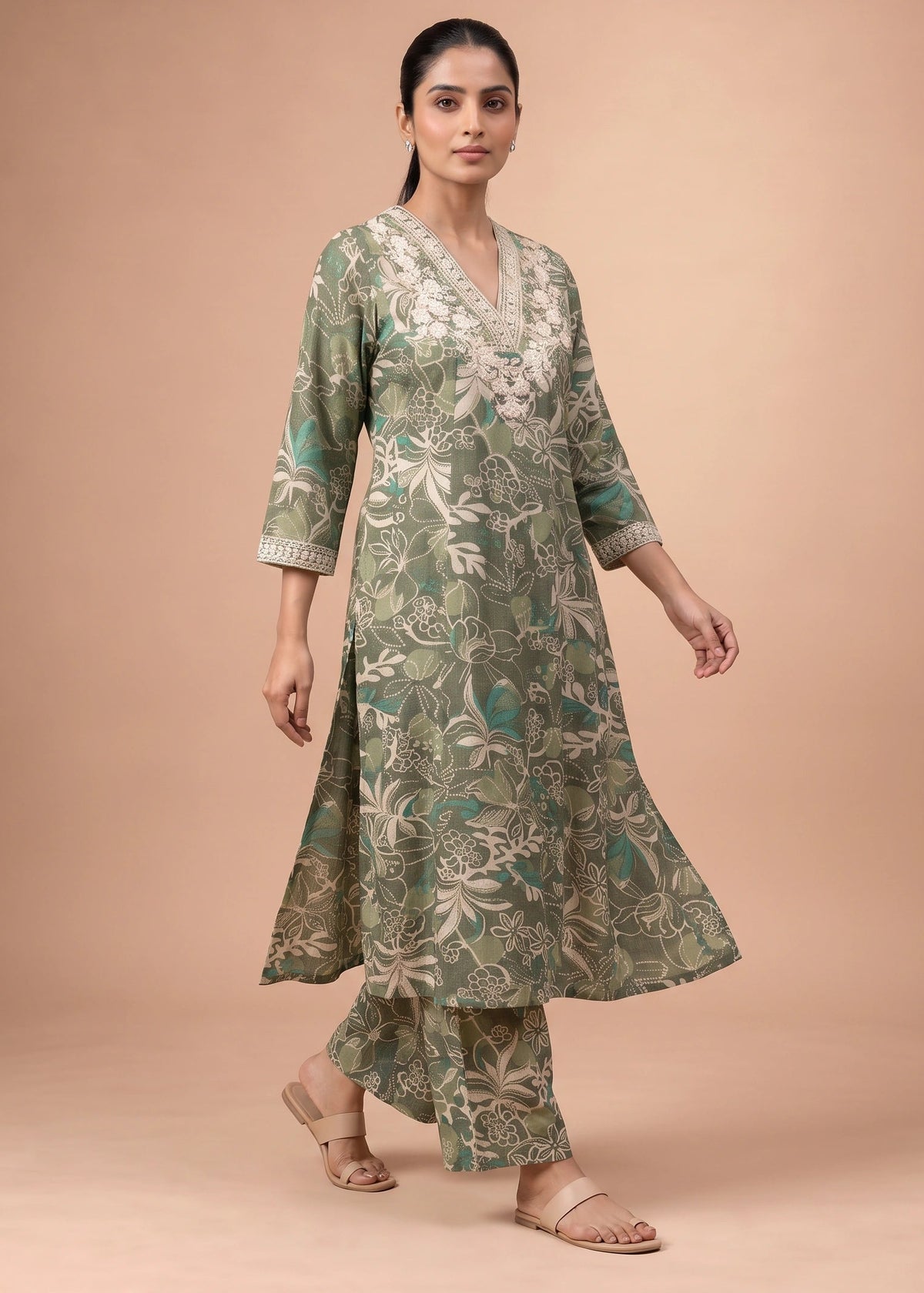 Women Sage Green Rayon Embroidered Straight-Fit Co-ord Set