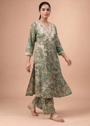 Women Sage Green Rayon Embroidered Straight-Fit Co-ord Set