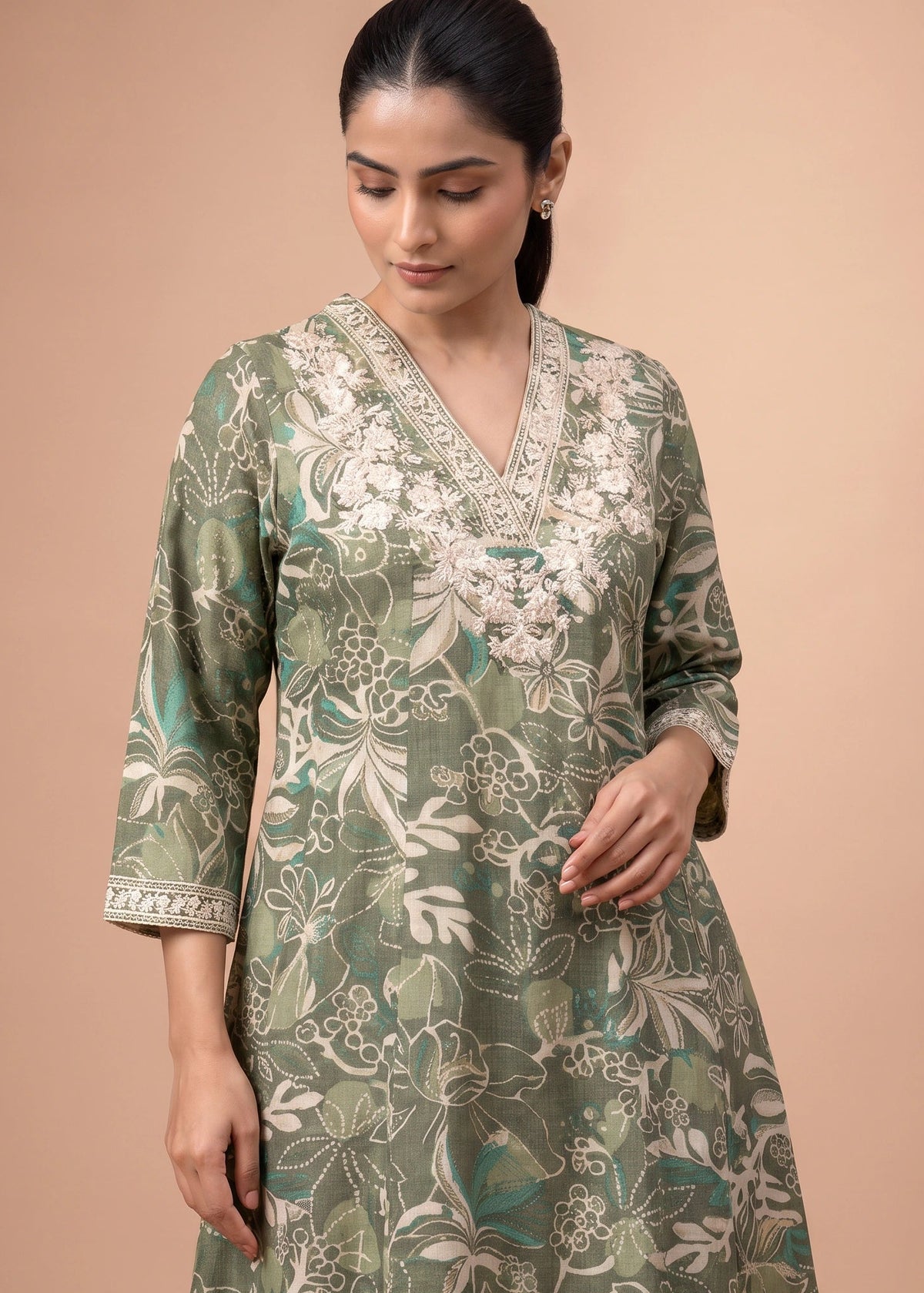 Women Sage Green Rayon Embroidered Straight-Fit Co-ord Set