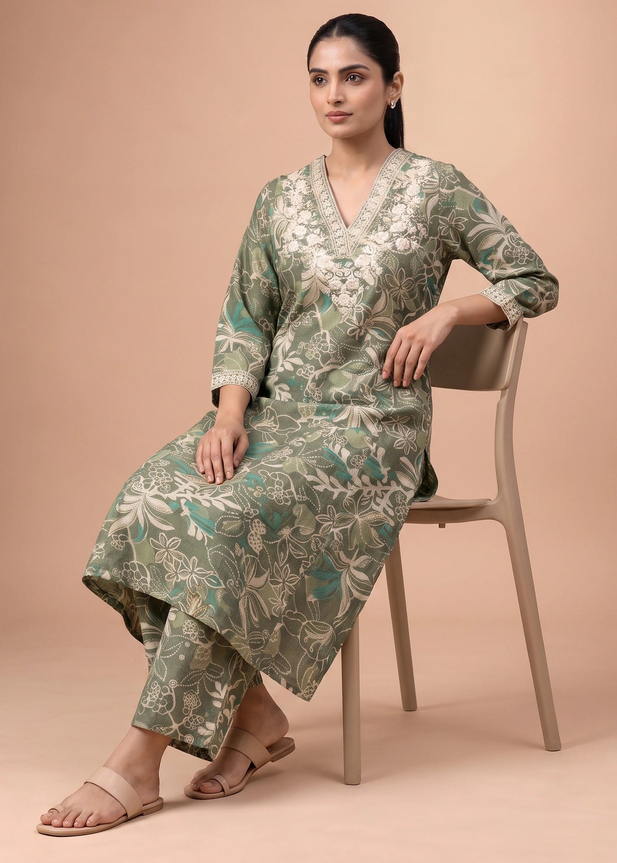 Women Sage Green Rayon Embroidered Straight-Fit Co-ord Set