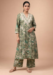 Women Sage Green Rayon Embroidered Straight-Fit Co-ord Set