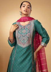 Women Teal Embroidered Yoke Flared Ethnic Suit Set